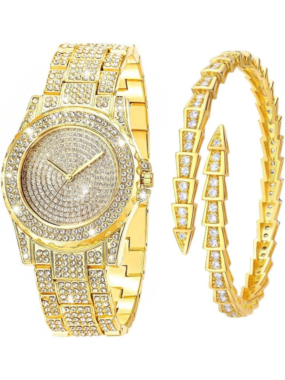 Women's Gold Interior Full Diamond Bling Rhinestone Quartz Crystal Wrist Watches